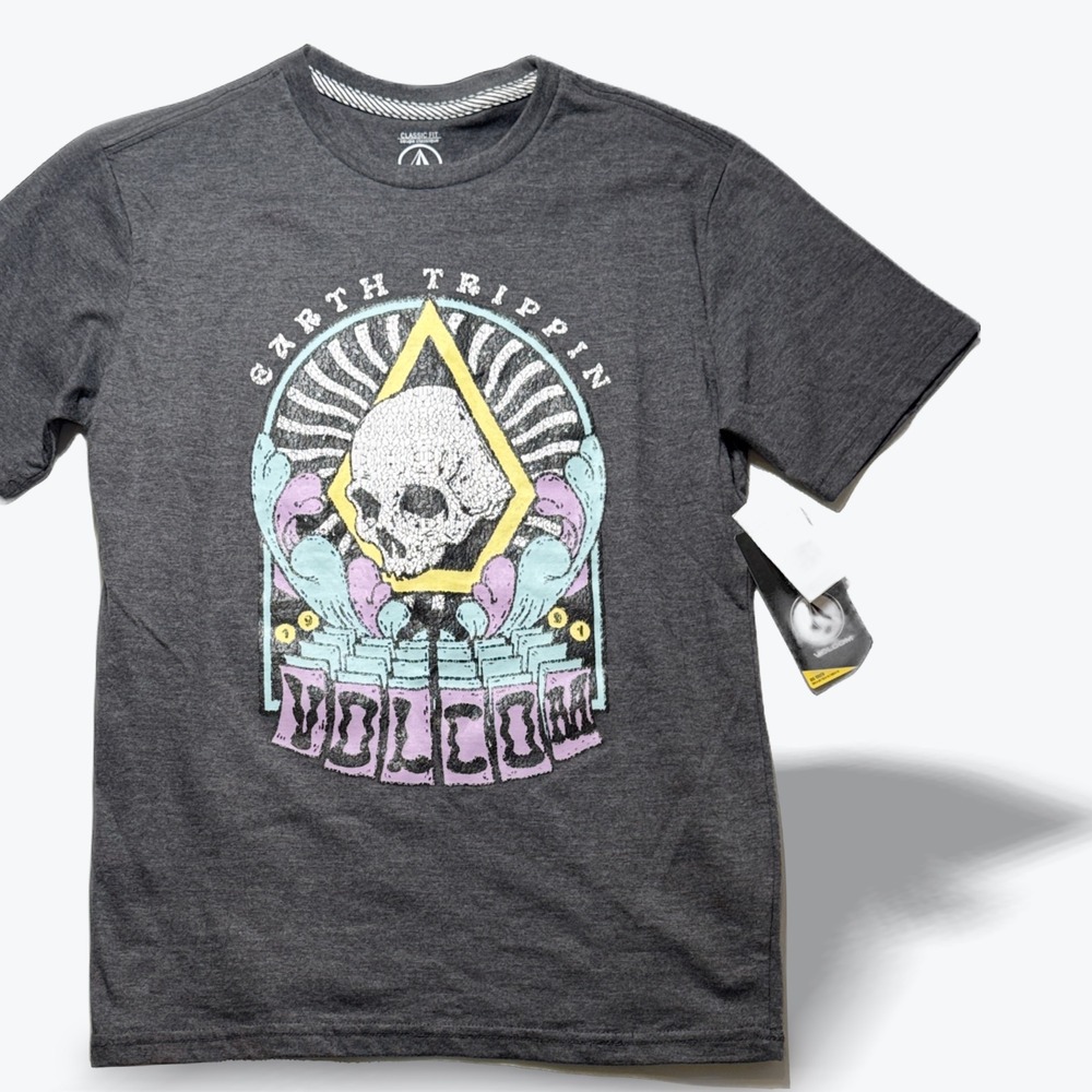 Volcom Boys TShirt Medium Skull Graphic Skater Surfer Charcoal Heather Tee 10-12